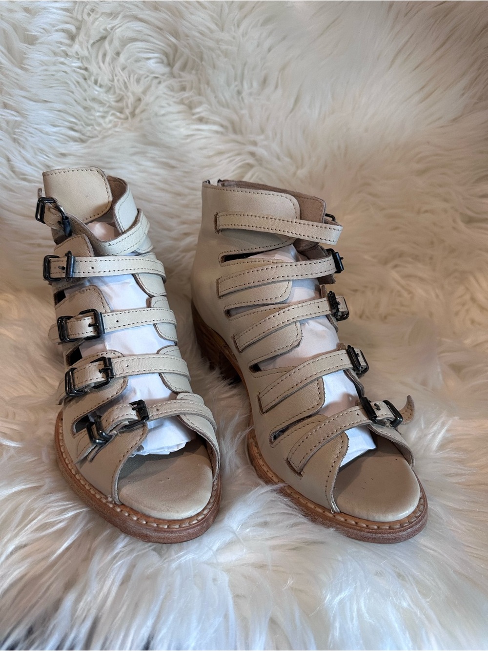 Freebird Quinn Beige Multi-Buckle Heeled Sandal Boots